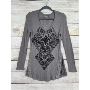Vocal Embellished Fleur De Lis Print Thermal Shirt Womens Small Gray Waffle Knit